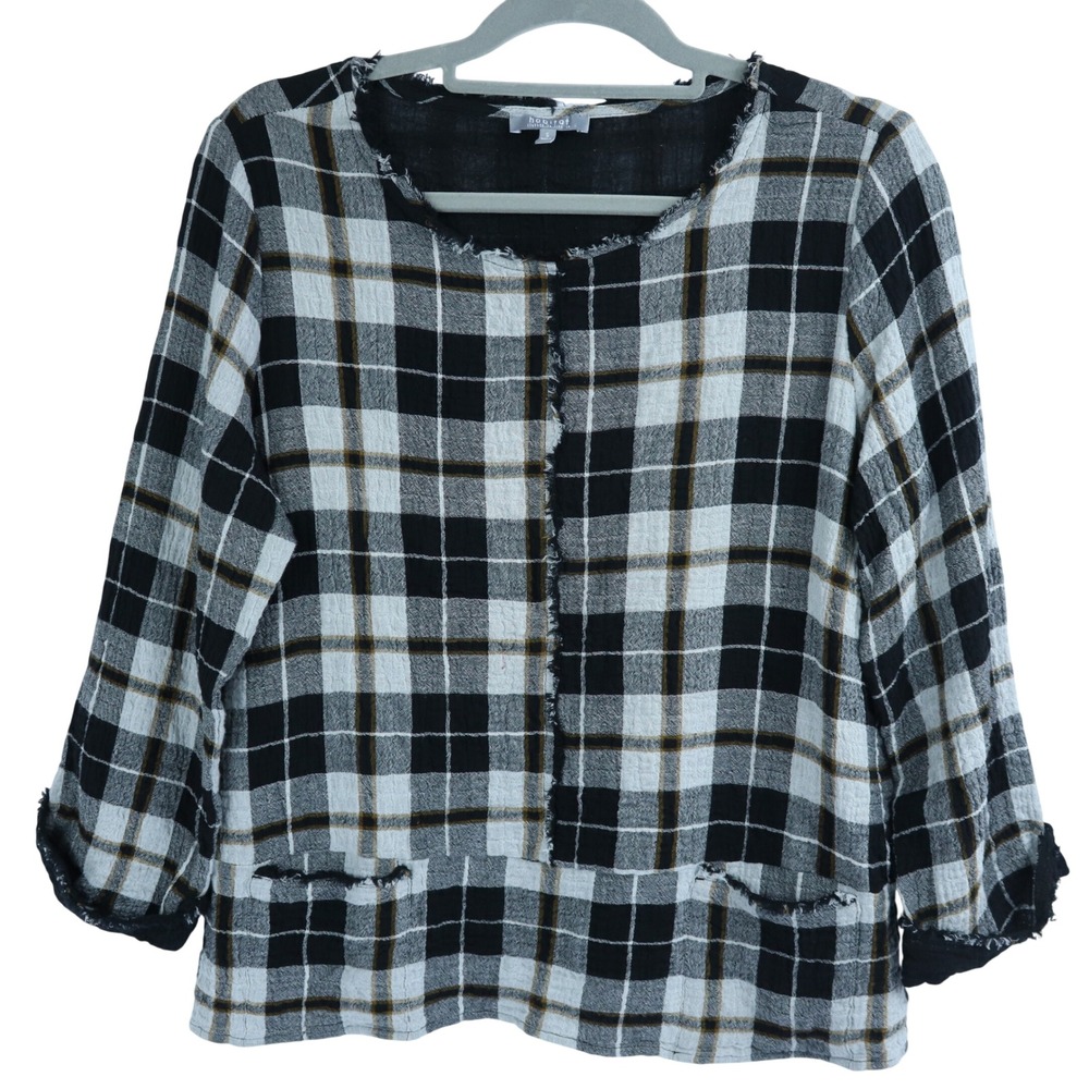 Habitat Tunic Plaid Cotton Gauze 3/4 Sleeve Pockets Frayed Artsy Lagenlook Sz S